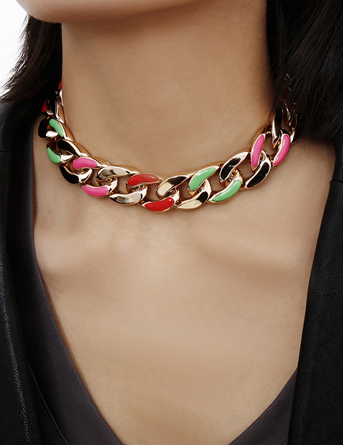 Fashion Color Geometric Chain Metal Painting Oil Necklace