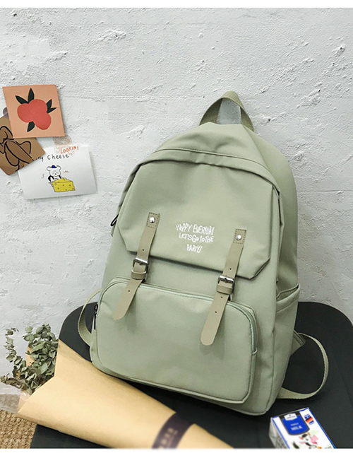 Fashion Light Green Letter-print Backpack With Patch Belt Buckle