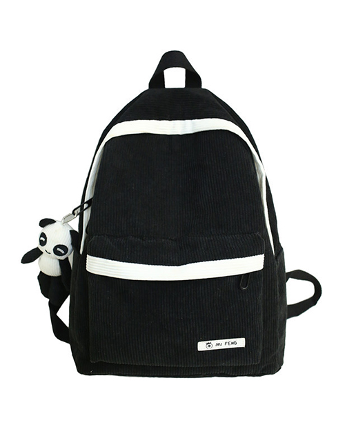 Fashion Black Stitched Contrast Corduroy Backpack