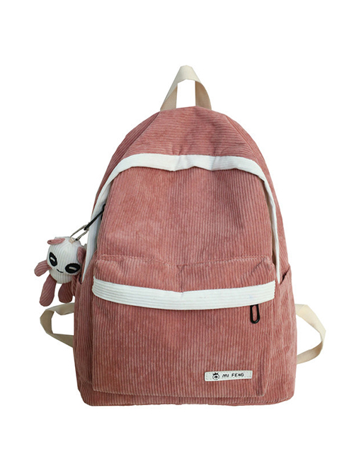 Fashion Pink Stitched Contrast Corduroy Backpack