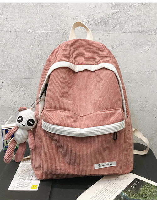 Fashion Pink With Pendant Stitched Contrast Corduroy Backpack