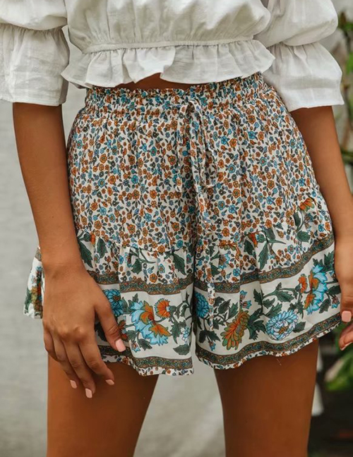 Fashion Color Drawstring Flower Print Shorts