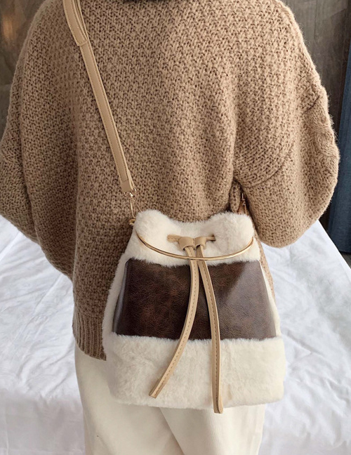 Fashion Brown Plush Stitched Contrast Drawstring Shoulder Bag