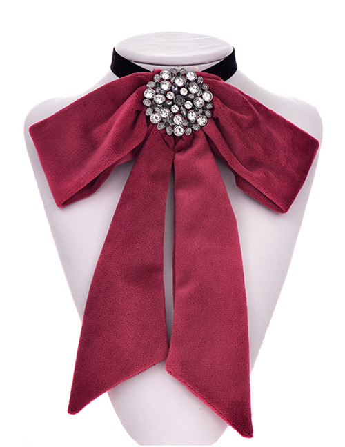 Fashion Red Wine Gold Velvet Diamond Round Multipurpose Brooch Bow Tie