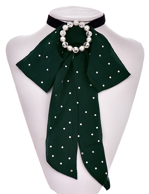 Fashion Dark Green Pearl Ring Rhinestone Chiffon Multi-purpose Brooch Bow Tie