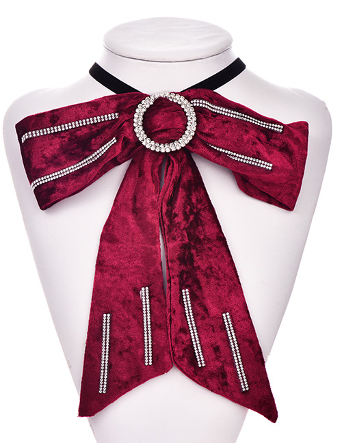 Fashion Red Wine Alloy Flannel Hot Rhinestone Brooch Bow Tie