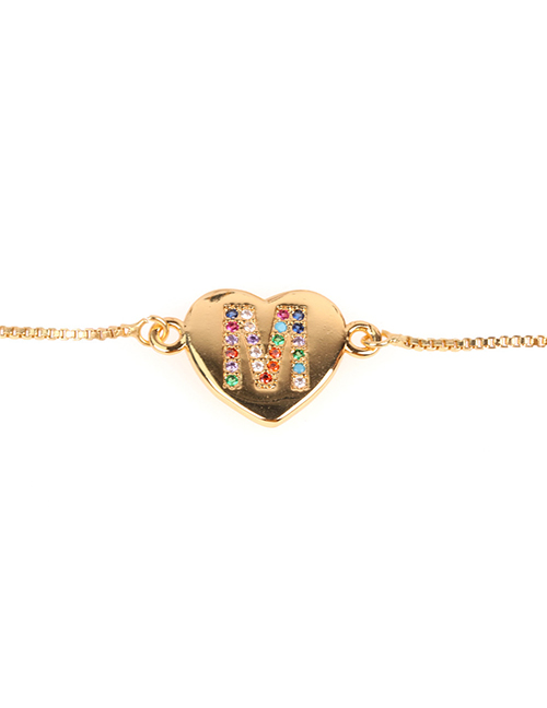 Fashion M Golden Heart Bracelet With Diamonds And Letters