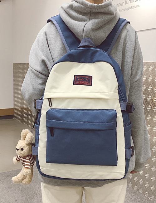 Fashion Blue With Pendant Stitched Contrast-print Alphabet Backpack
