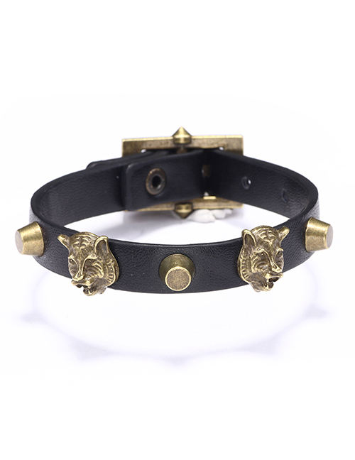 Fashion Black Ancient Bronze Tiger Head Leather Adjustable Men's Bracelet