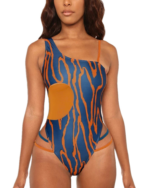 Fashion Blue Printed Strap One-shoulder Swimsuit