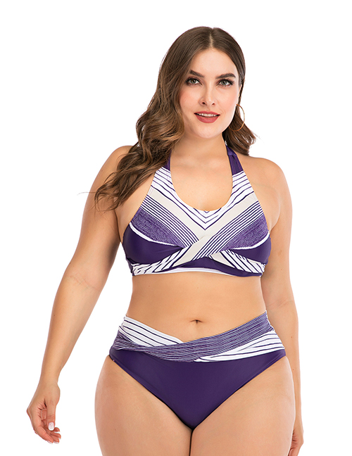 Fashion Purple Printed Stitching Contrast Large Size Split Swimsuit