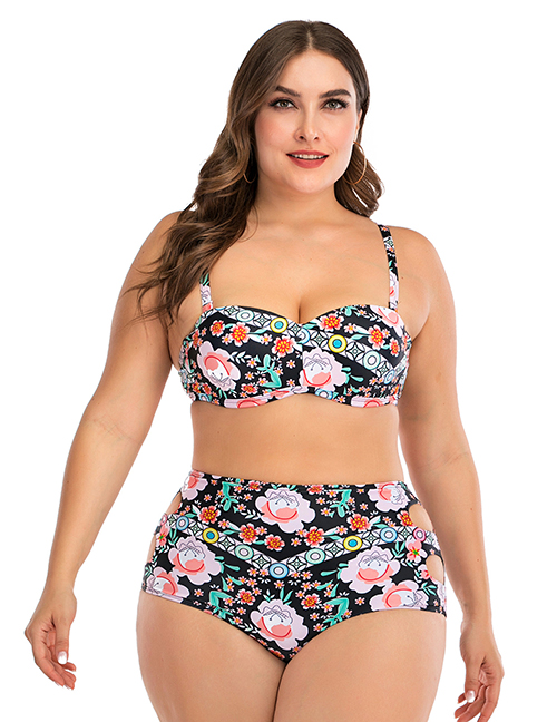Fashion Color Flower Print High Waist Cutout Plus Size Split Swimsuit
