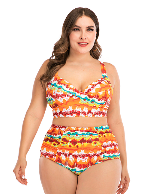 Fashion Orange Printed Contrast-paneled High-waist Split Swimsuit