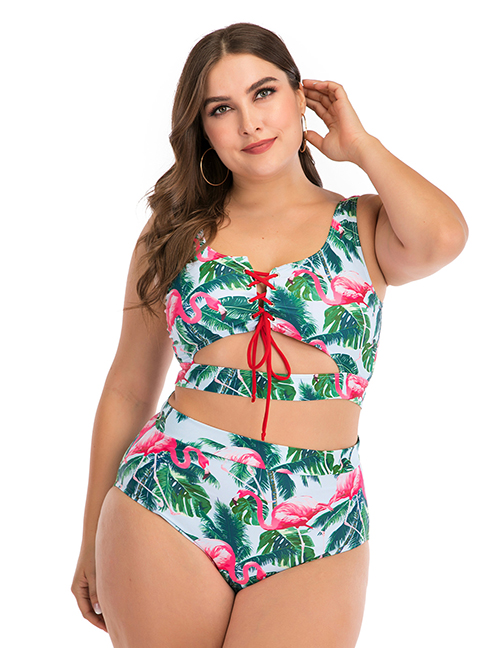 Fashion Green Flamingo Print Tether Strap Cutout High Waist Split Swimsuit