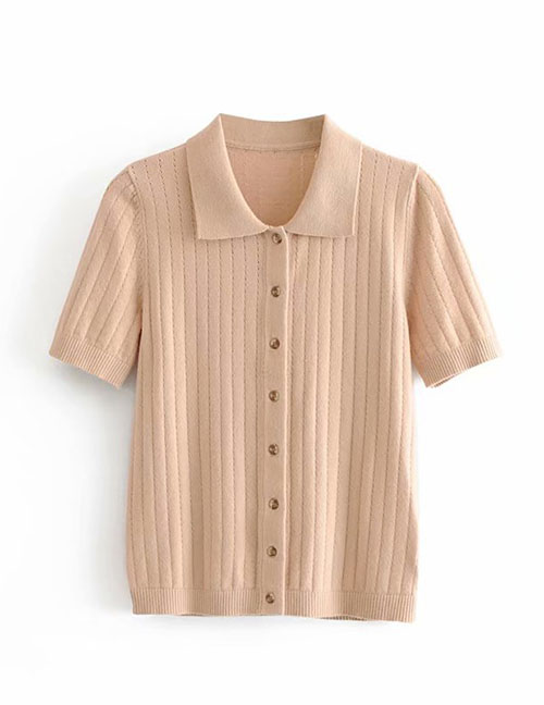 Fashion Beige Hollow Lapel Single-breasted Knitted Sweater