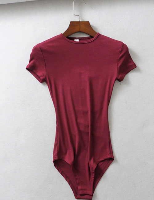 Fashion Wine Red Small Round Neck Jumpsuit