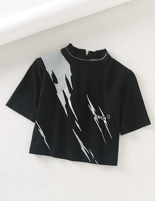 Fashion Black Half-high Collar Reflective High Waist T-shirt