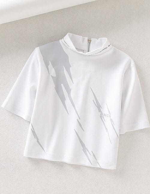 Fashion White Half-high Collar Reflective High Waist T-shirt