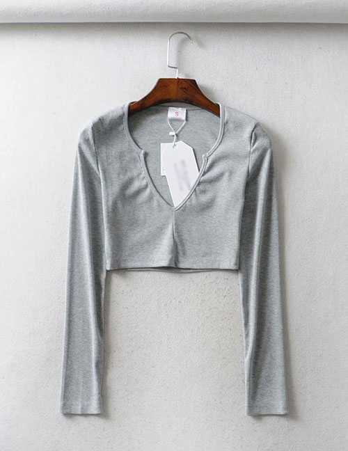 Fashion Gray Cropped V-neck T-shirt