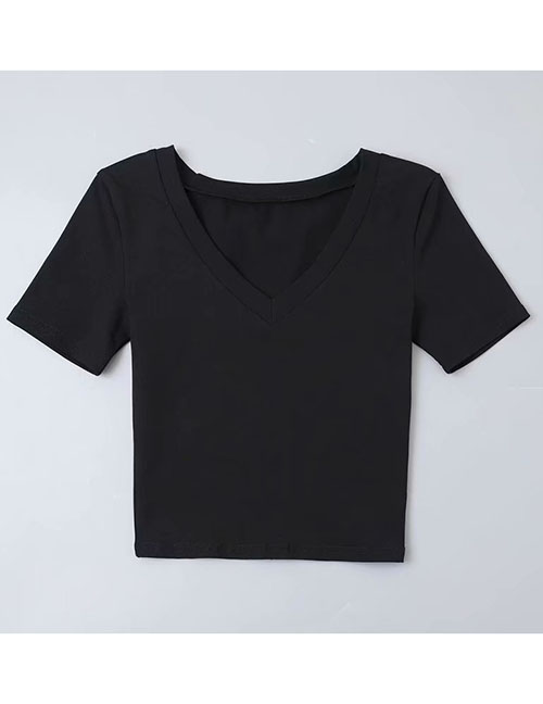 Fashion Black V-neck Short T-shirt