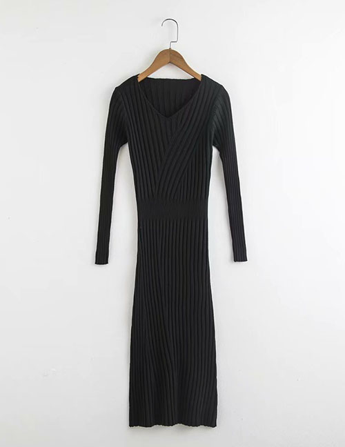 Fashion Black V-neck Knitted Dress