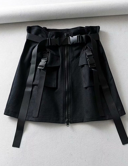 Fashion Black Belted Multi-pocket Skirt