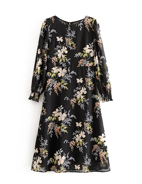 Fashion Black Flower Print Dress