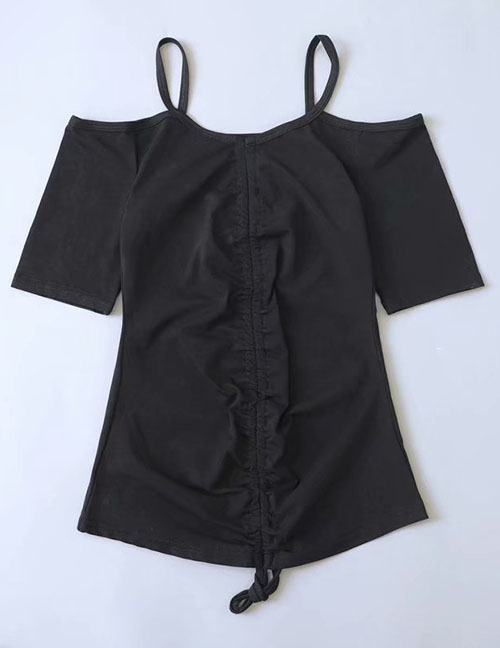 Fashion Black Drawstring Pleated Strapless T-shirt