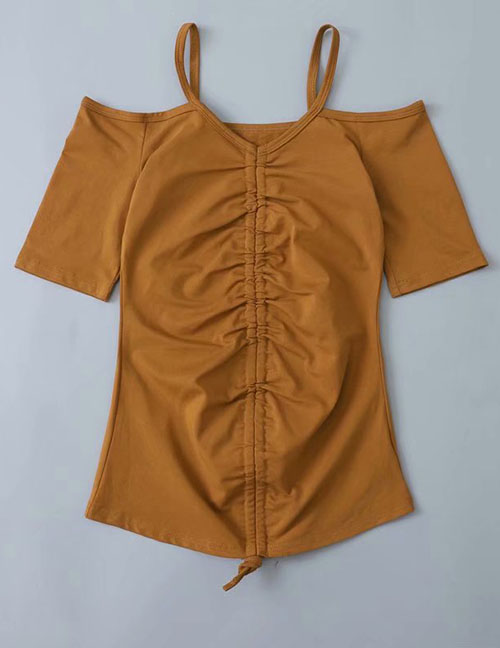 Fashion Khaki Drawstring Pleated Strapless T-shirt