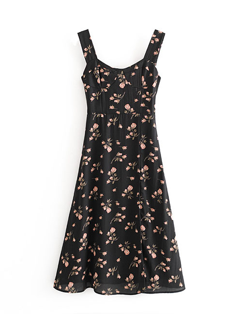 Fashion Black Floral Print Hem Split Vest Dress