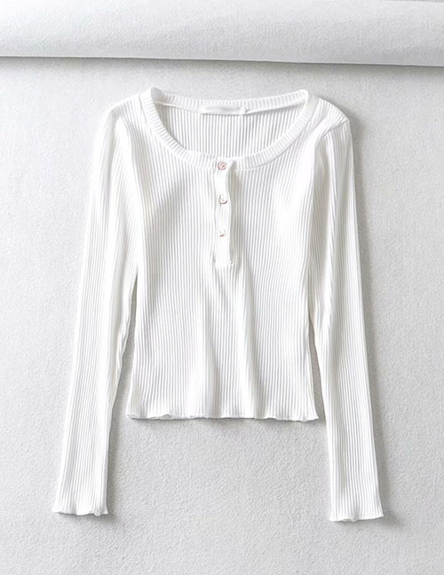 Fashion White Threaded Crew Neck Button T-shirt