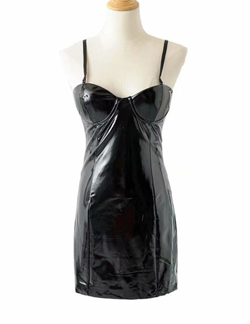Fashion Black Lacquered Pu Leather Strapless Back Dress