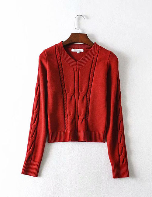 Fashion Wine Red V-neck Twist Knit Sweater
