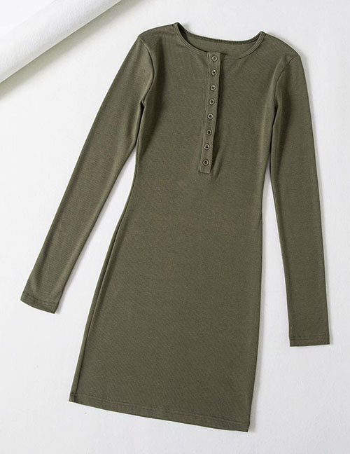 Fashion Army Green Stretch-thread-knit Button-down Dress