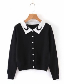 Fashion Black Crescent Jacquard Cropped Sweater Knit Cardigan