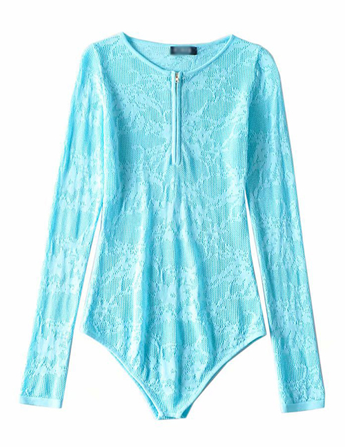 Fashion Lake Blue Half Zipper Water-soluble Flower Bodysuit