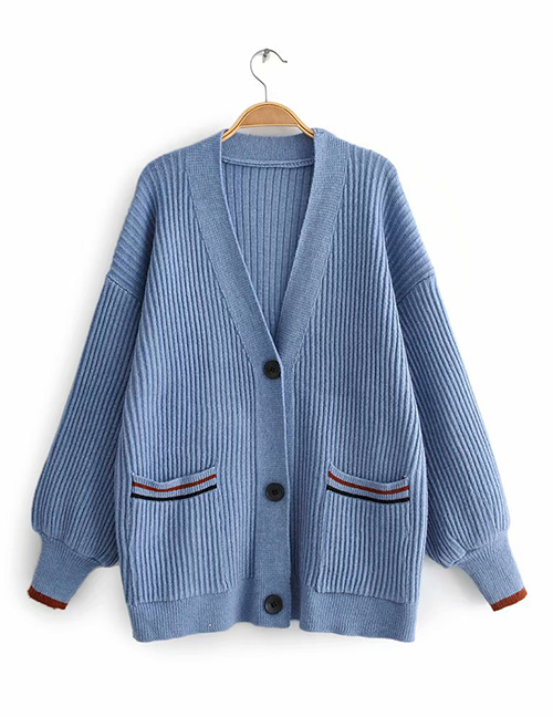 Fashion Blue V-neck Single-breasted Double-pocket Sweater Knit Cardigan