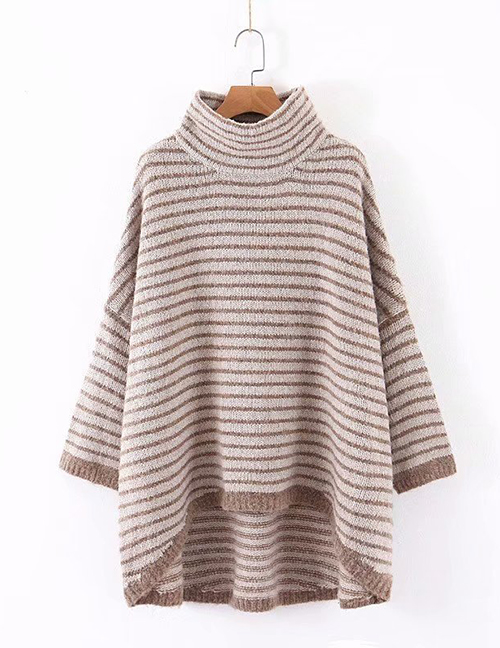 Fashion Coffee Color High-neck Striped Sweater With Bat Sleeves
