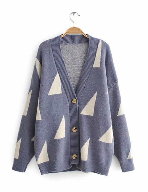 Fashion Blue Geometric Rhombus V-neck Single Breasted Sweater