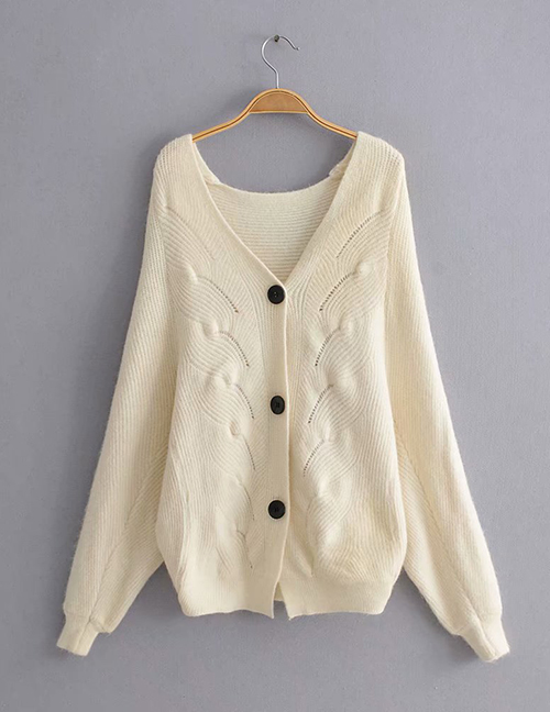 Fashion Beige V-neck Single-breasted Knitted Sweater