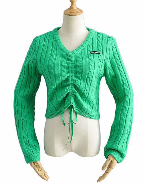 Fashion Grass Green Front Drawstring V-neck Knitted Sweater