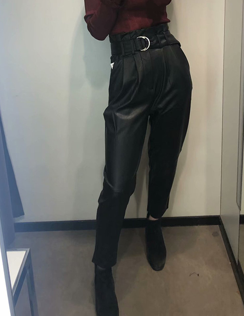 Fashion Black Pu Leather High Waist Belt Wrinkled Leather Pants
