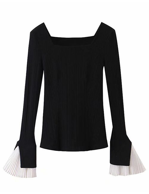 Fashion Black Square-neck Ruched Flared Sleeves Patchwork Sweater
