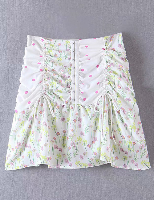Fashion White Flower-print Patchwork Drawstring Skirt