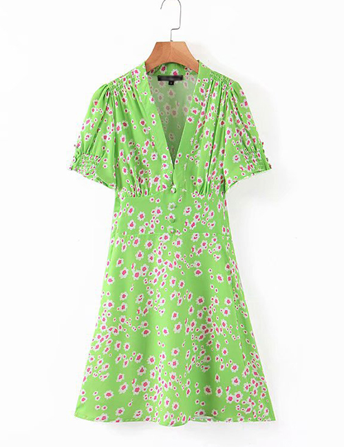 Fashion Green V-neck Print Dress