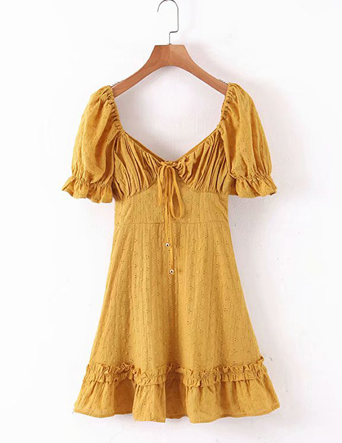 Fashion Yellow Jacquard Lace Up Fungus Dress