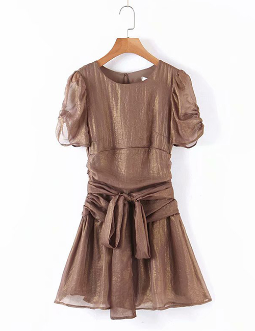 Fashion Coffee Color Pleated Shiny Belt Dress