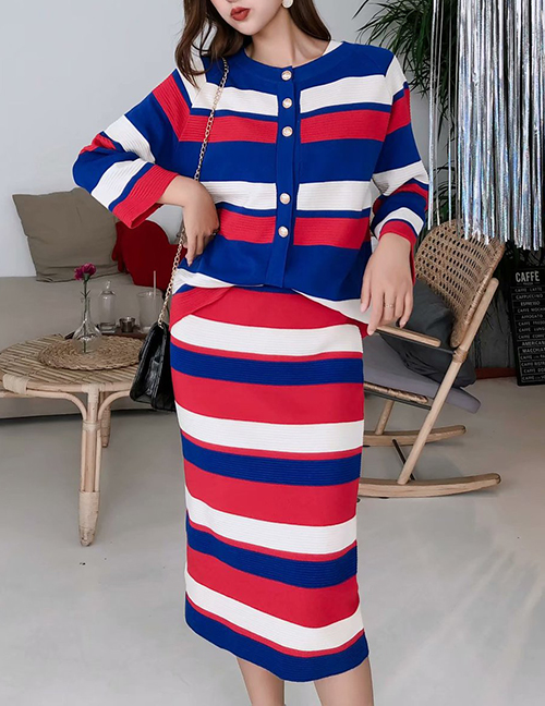 Fashion Color Striped Knit Three-piece Suit