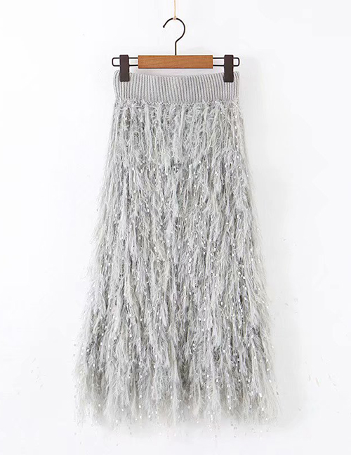 Fashion Gray Feather Fringed Knitted Skirt