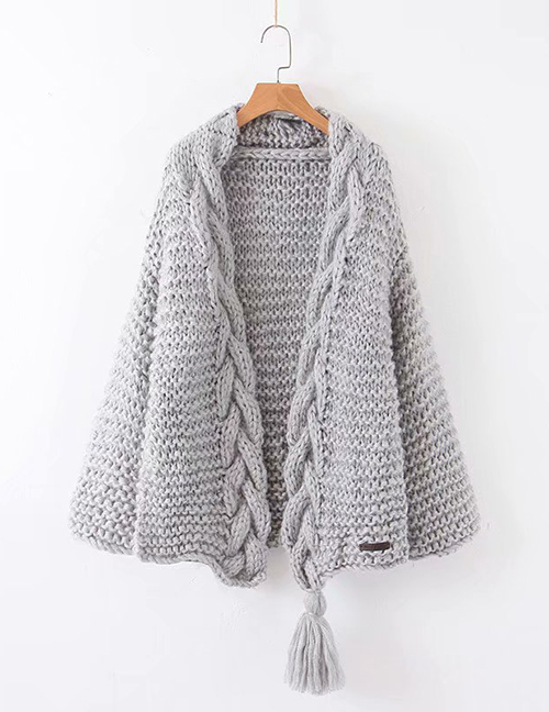 Fashion Gray Knitted Twist Fringed Sweater